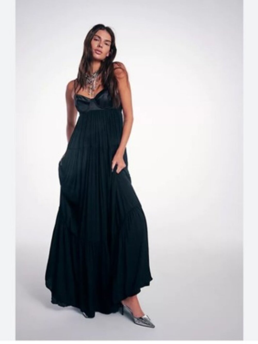 Free People Freya Maxi Dress Black Bustier Bodice Pleated Skirt S
